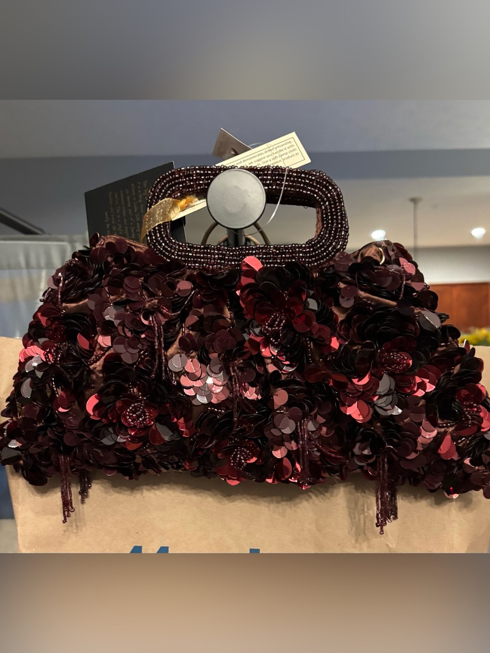 Sequined Floral Evening Clutch in Deep Burgundy